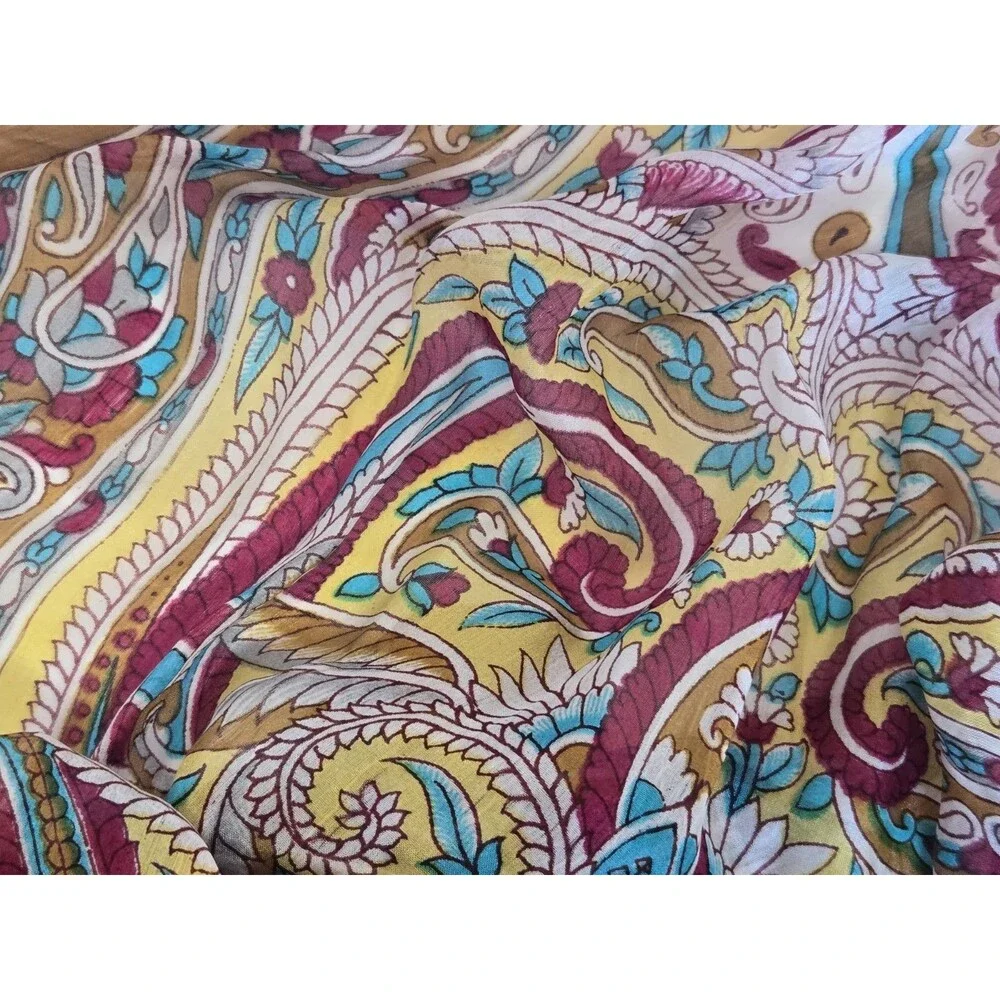 Vintage 100% Pure Silk Scarf India Blue Floral‎ Paisley Boho Square Wrap